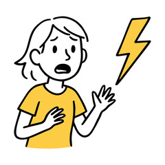 Girl Shocked by Lightning Thunderbolt. Girl Reacting, Fearful Expression, Surprised Face, Cloud Element. Hand-Drawn Doodle Style Line Vector Illustration