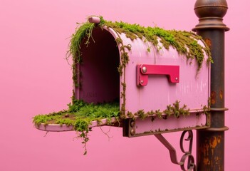 Pink vintage mailbox with moss on pink background