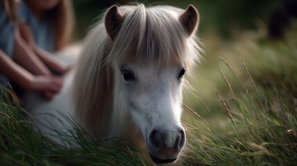 Shetland pony in a grassy field, kids gently petting it in a soft natural light.