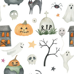 Obraz premium Watercolor seamless pattern. Halloween print on white background