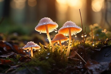 Fototapeta premium Glowing Mushrooms with Water Droplets on Moss in Forest at Sunset