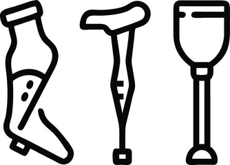 Vector illustrations of isolated white medical tools: crutches and a steel syringe