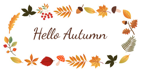 A vector frame made of elements of the autumn forest. Autumn leaves  mushrooms  acorns. Autumn festival. © Tetiana