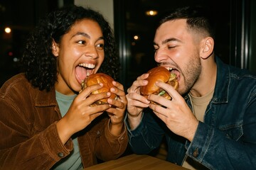Friends enjoying delicious burgers together.