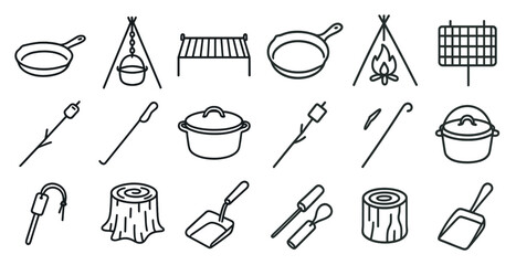 Collection of cooking utensils and tools, including a pan, a spatula, and a shovel