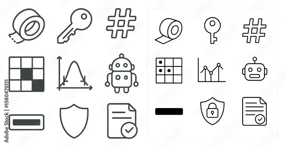 Poster set of icons for a computer program. the icons include a key, a robot, a shield, a paper, a robot, a