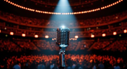 Vintage microphone on stage with audience crowd and spotlight