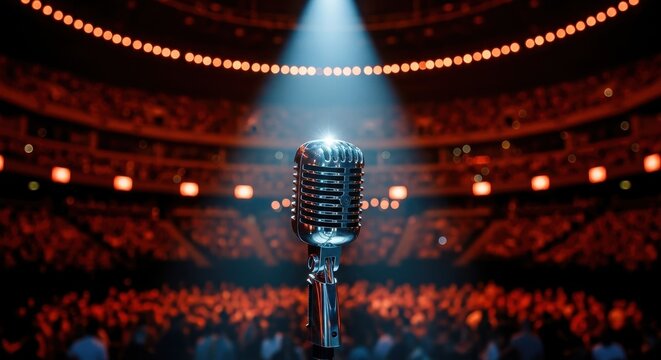 Vintage microphone on stage with audience crowd and spotlight
