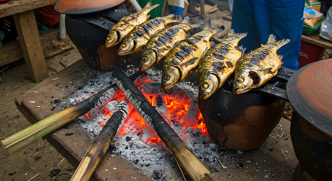 Peruvian Chimbos. Amazonian paiche fish smoked in ceramic tunchi pots, chonta palm wood embers glowing, riverside market 