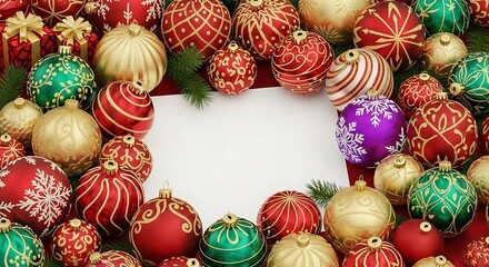 A festive arrangement of colorful Christmas ornaments and baubles surrounding a blank white card for your holiday greeting message.