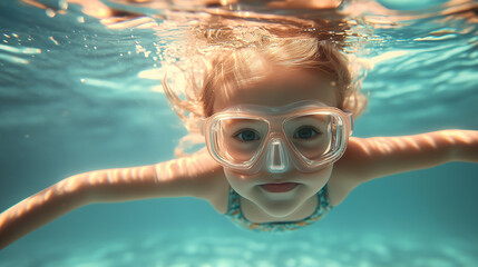 Fototapeta premium Toddler girl swimming underwater with goggles