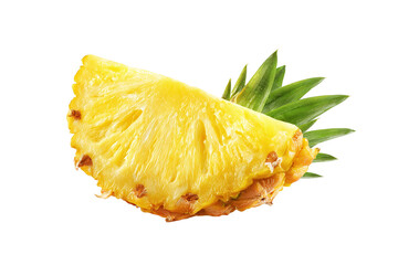 Fresh pineapple slice with green leaves, isolated on white transparent background