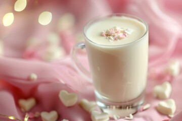 Delicious hot white chocolate beverage served in a glass cup, topped with pink and white heart shaped sprinkles, perfect for valentine's day or a romantic occasion