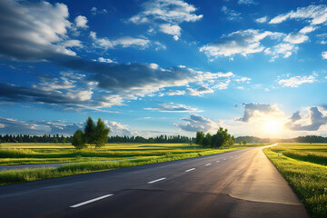 Charming asphalt road panorama with blooming flowers on either side