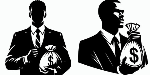 African American Business man Holding money bag. Corporate Entrepreneurship Management Finance Marketing Clipart Line Art Vector Illustration. Afro-descent entrepreneur carrying sack.