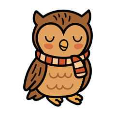 Cute cartoon owl with closed eyes wearing a striped winter scarf. Cozy and sweet woodland bird vector flat illustration.