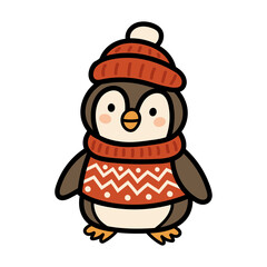 Cute cartoon penguin in a red winter sweater and hat. Adorable festive animal character. Flat vector illustration on white background.