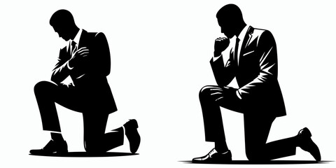 African American Business man Kneeling down. Corporate Entrepreneurship Management Finance Marketing Clipart Line Art Vector Illustration. Male of descent a commerce worker on one knee.
