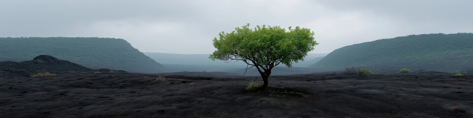 Solitary tree in vast volcanic landscape amidst overcast skies