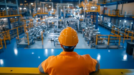 Worker in Orange Safety Gear Observing Modern Industrial Factory Interior with Machinery and Equipment