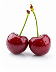 Two Ripe Red Cherries with Water Droplets on White Background