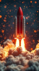 Fototapeta premium Rocket launch into space with bright flashes of fire and smoke. Background for scientific and technological presentations.