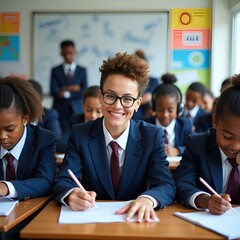 Teacher and students in a classroom meeting with business professionals working together at a tableTeacher and students in a classroom meeting with business professionals working together at a table