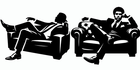African American Business man Lying on couch. Corporate Entrepreneurship Management Finance Marketing Clipart Line Art Vector Illustration. .