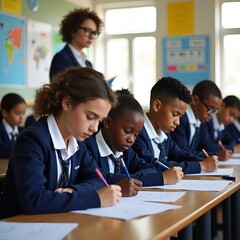 Teacher and students working together in classroom with teamwork and discussion