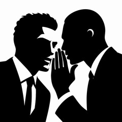 African American Business man Whispering to colleague. Corporate Entrepreneurship Management Finance Marketing Clipart Line Art Vector Illustration. Black entrepreneur speaks quietly worker.