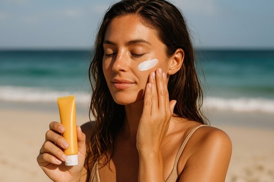 Woman applying sunscreen beach - Powered by Adobe