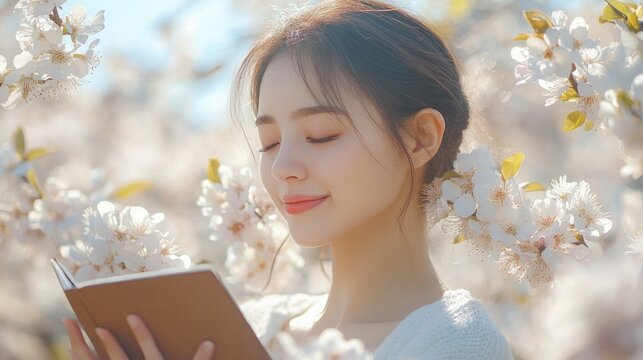 Woman reading a book among blossoming trees. Suitable for advertising books, educational programs, spring events.