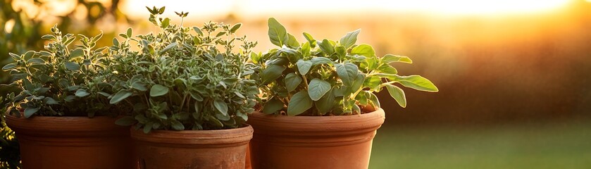 Three potted plants with green foliage bask in sunlight softly