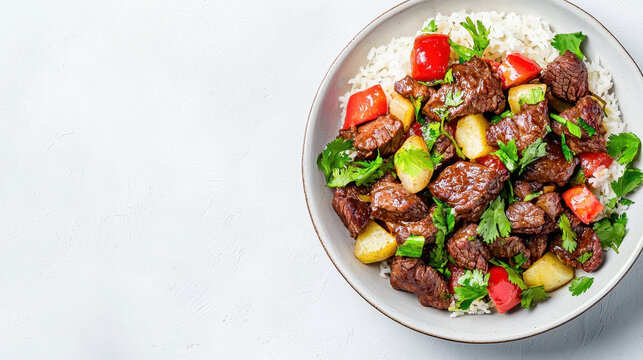 Delicious beef stir fry with vegetables served over rice, featuring vibrant colors and fresh herbs, creating mouthwatering dish