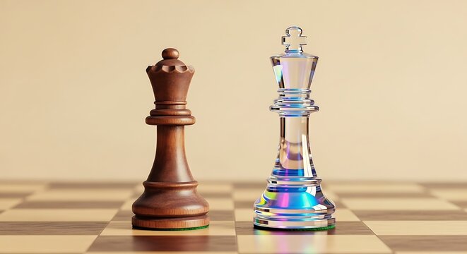 Elegant Chess Pieces: Wood Queen and Holographic Glass King on a Classic Board - Powered by Adobe