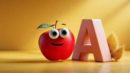 A cheerful red apple character with a large 'A', perfect for education and fun.