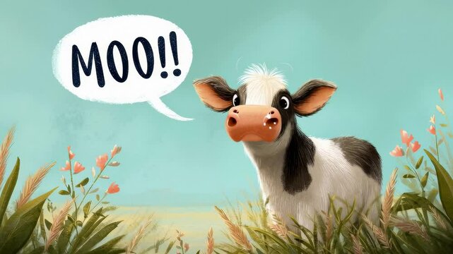 A cute cow cartoon says 'MOO!!' with a cheerful expression in a field.