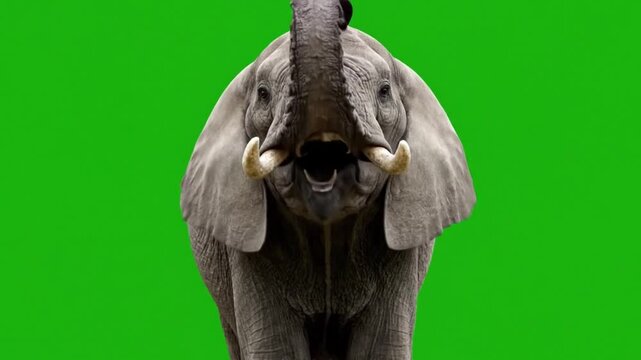 Elephant facing the camera, lifting trunk high and trumpeting loudly with expressive motion, isolated against a solid green screen background, ideal for wildlife and nature content.