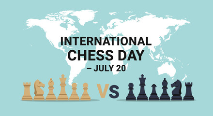Naklejka premium International Chess Day celebrated on July 20th with a global map backdrop and opposing chess pieces symbolizing competition.