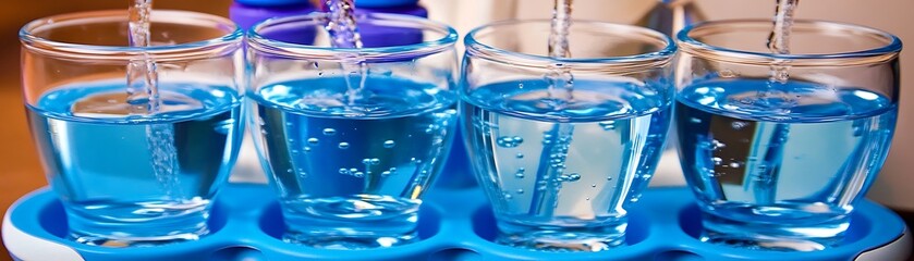 Clear water pouring into four glasses with a blue liquid