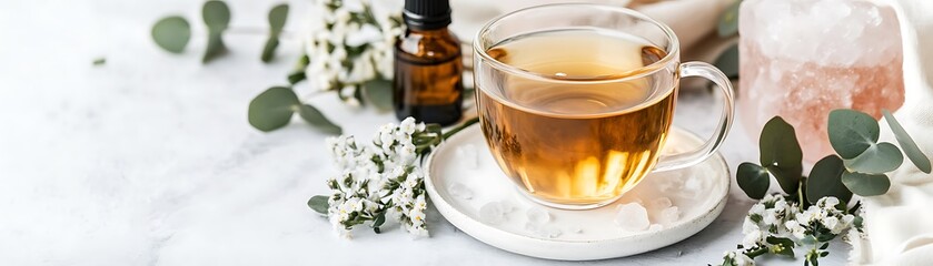 A clear teacup rests on a saucer with white flowers