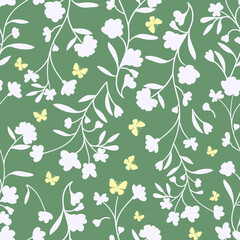 Seamless floral foliage pattern with white flowers and leaves on green background, perfect for...
