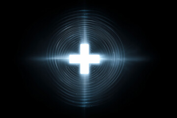 A luminous white neon cross medical symbol, emanating light onto a reflective, futuristic digital platform, representing advanced healthcare technology, medical innovation, and digital health solution