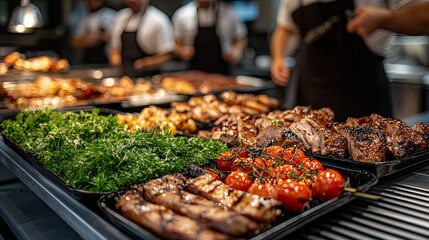 Group of people gathered around a catering buffet in a restaurant, enjoying a selection of grilled meats 