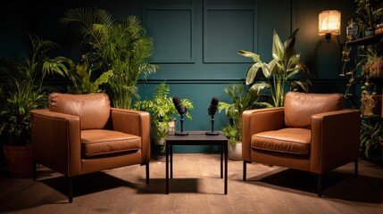 Two leather armchairs face each other in a cozy, plant-filled room with microphones on a small table, creating a podcast or interview setup