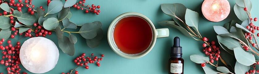 An overhead view of tea with botanicals and aromatherapy supplies