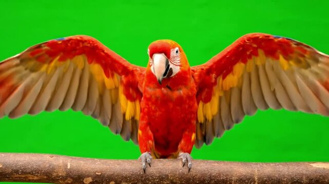 Colorful parrot perched on branch, flapping wings energetically and mimicking speech sounds, isolated against solid green screen background, ideal for nature and animal content.