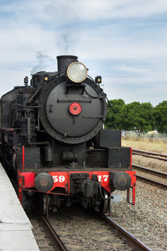 The front of an old steam train engine at Steamfest