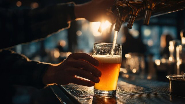 A close-up of male hands at a bar, pouring a freshly tapped beer for a customer, with the bright light of the bar illuminating the scene.