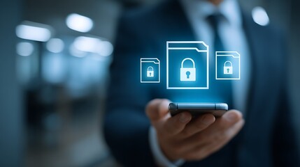 Man Holding Smartphone Displaying Secure Folder Icons Data Protection and Security Concepts